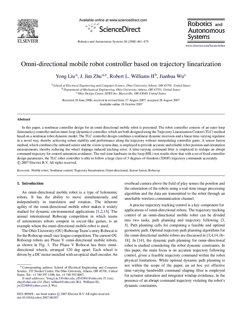 Omni-directional mobile robot controller based on trajectory linearization