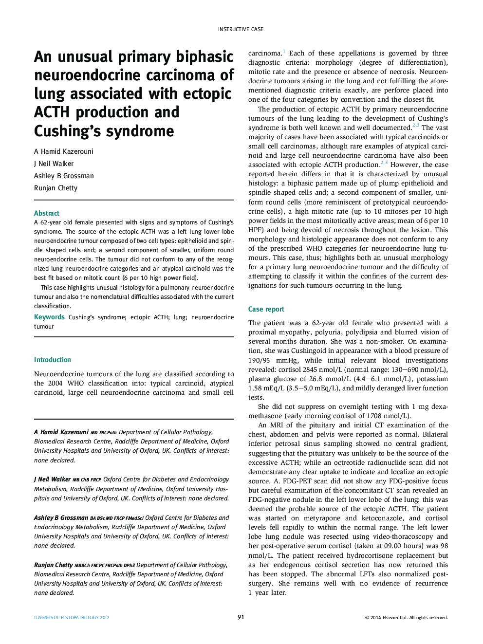 An unusual primary biphasic neuroendocrine carcinoma of lung associated with ectopic ACTH production and Cushing's syndrome