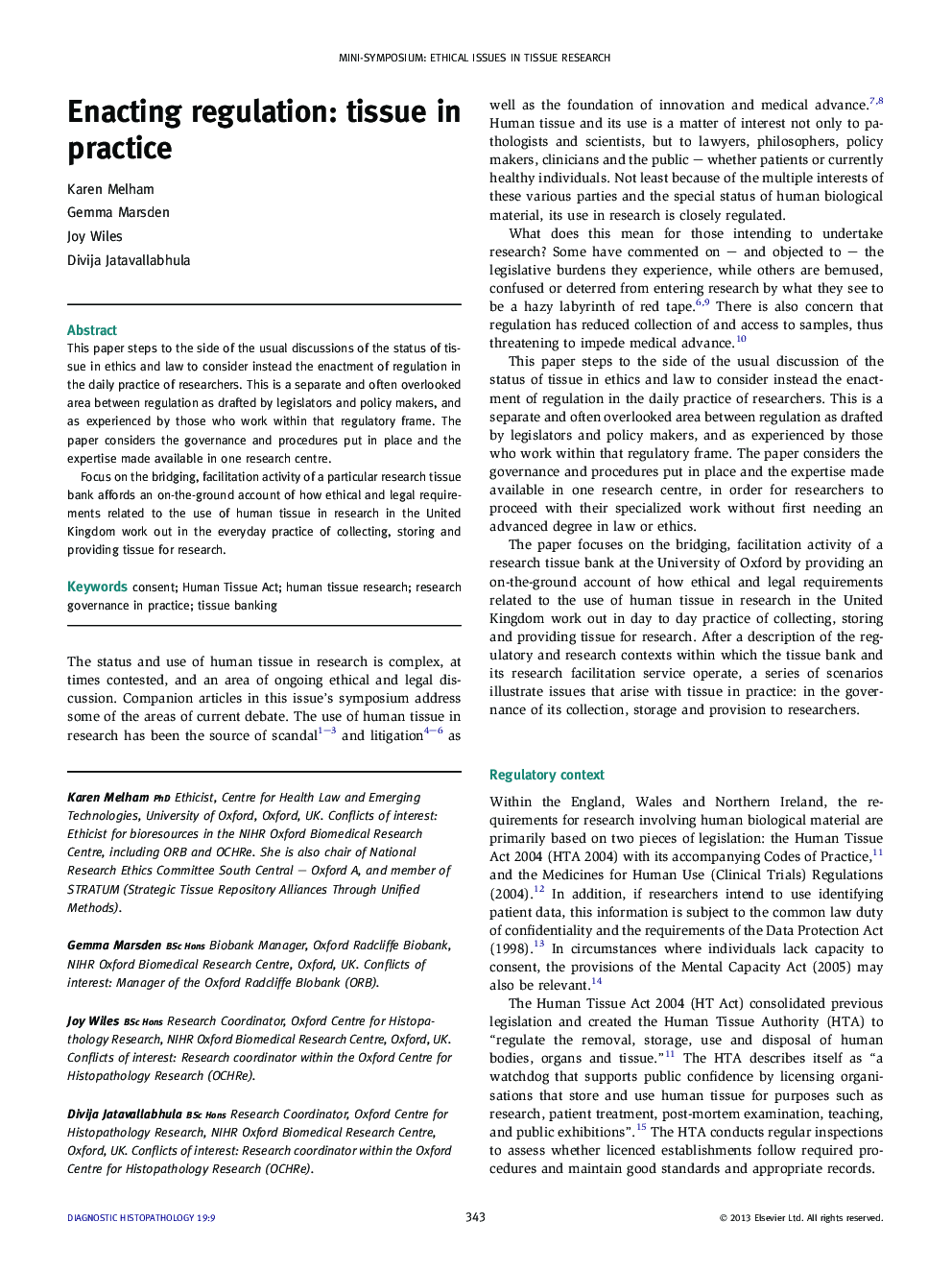 Enacting regulation: tissue in practice