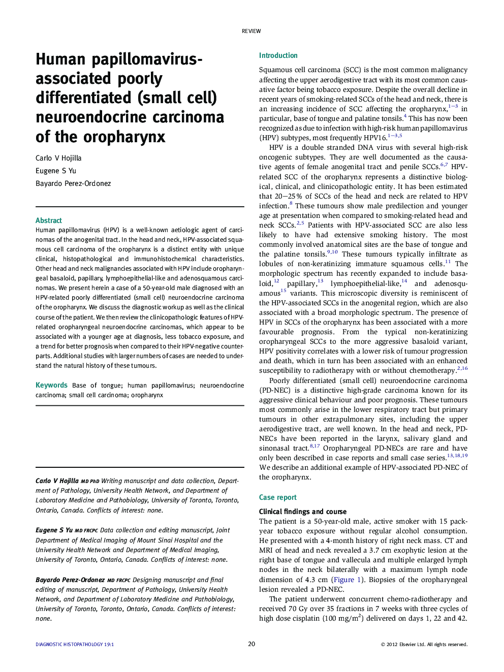 Human papillomavirus-associated poorly differentiated (small cell) neuroendocrine carcinoma of the oropharynx