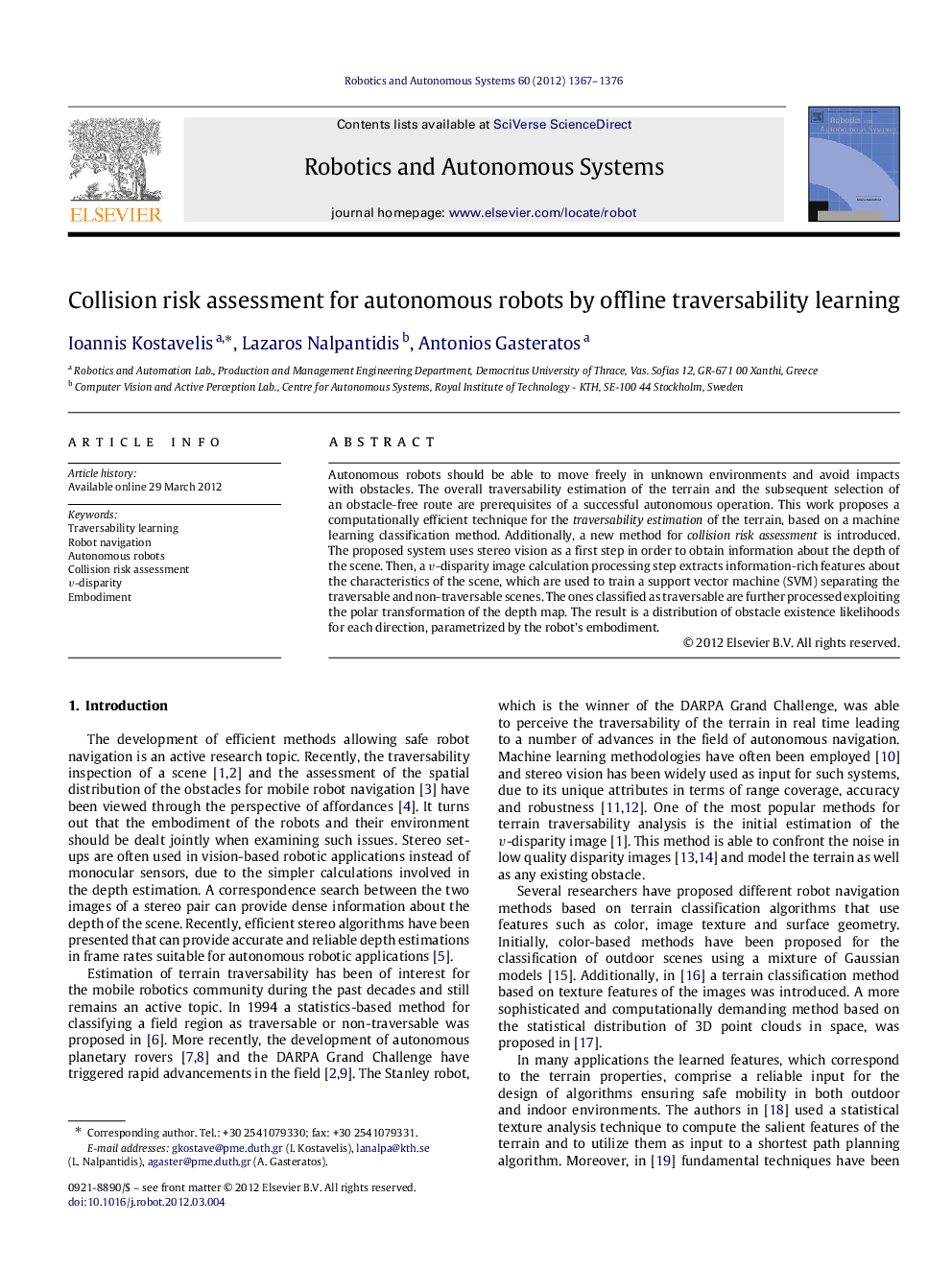 Collision risk assessment for autonomous robots by offline traversability learning