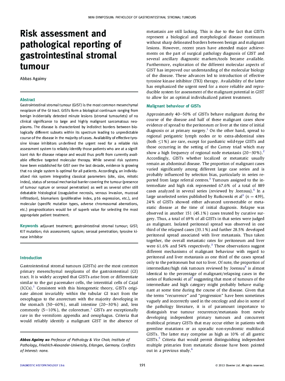 Risk assessment and pathological reporting of gastrointestinal stromal tumour