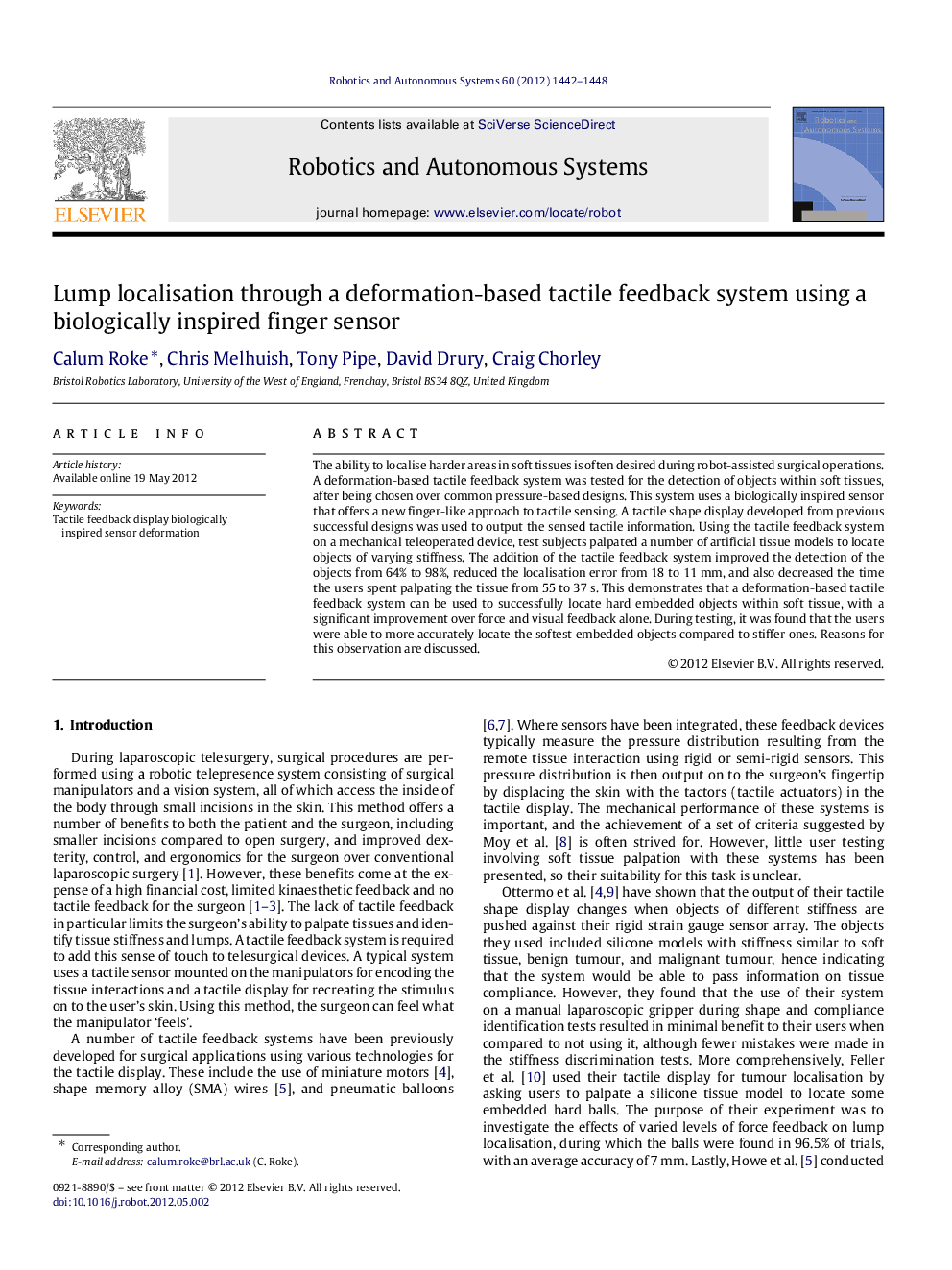 Lump localisation through a deformation-based tactile feedback system using a biologically inspired finger sensor