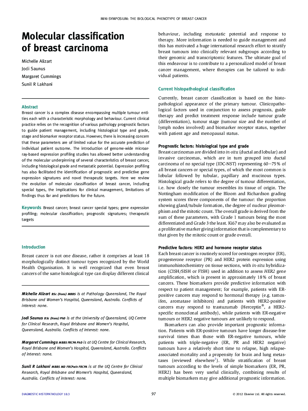 Molecular classification of breast carcinoma