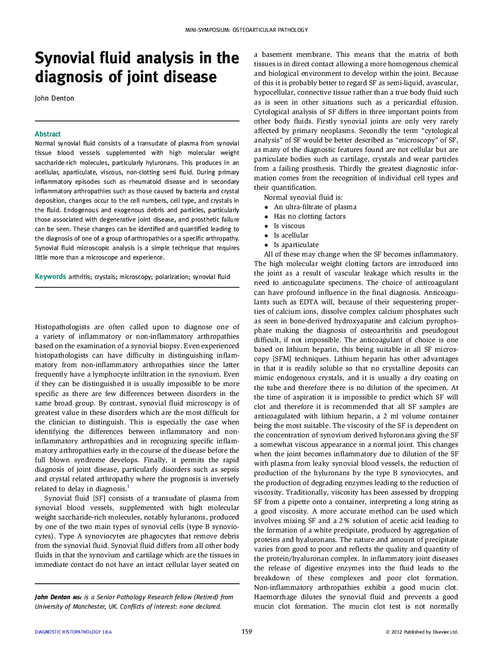 Synovial fluid analysis in the diagnosis of joint disease