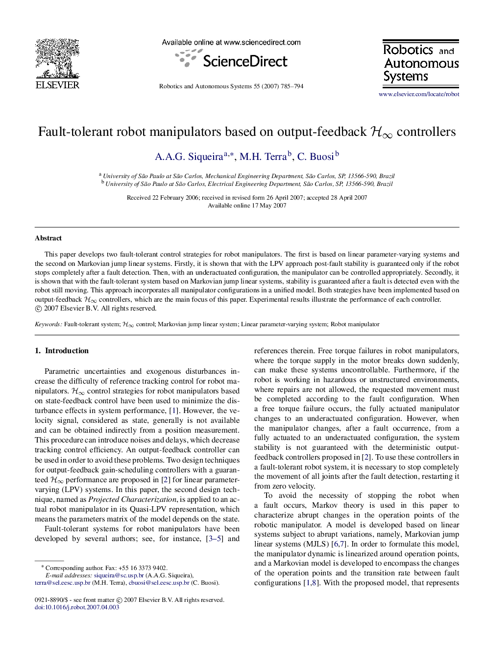 Fault-tolerant robot manipulators based on output-feedback H∞H∞ controllers