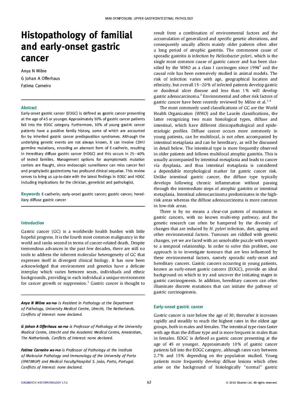 Histopathology of familial and early-onset gastric cancer