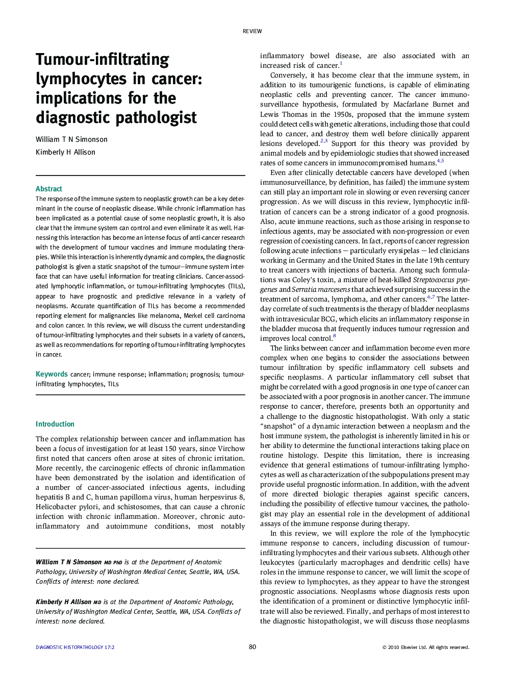 Tumour-infiltrating lymphocytes in cancer: implications for the diagnostic pathologist