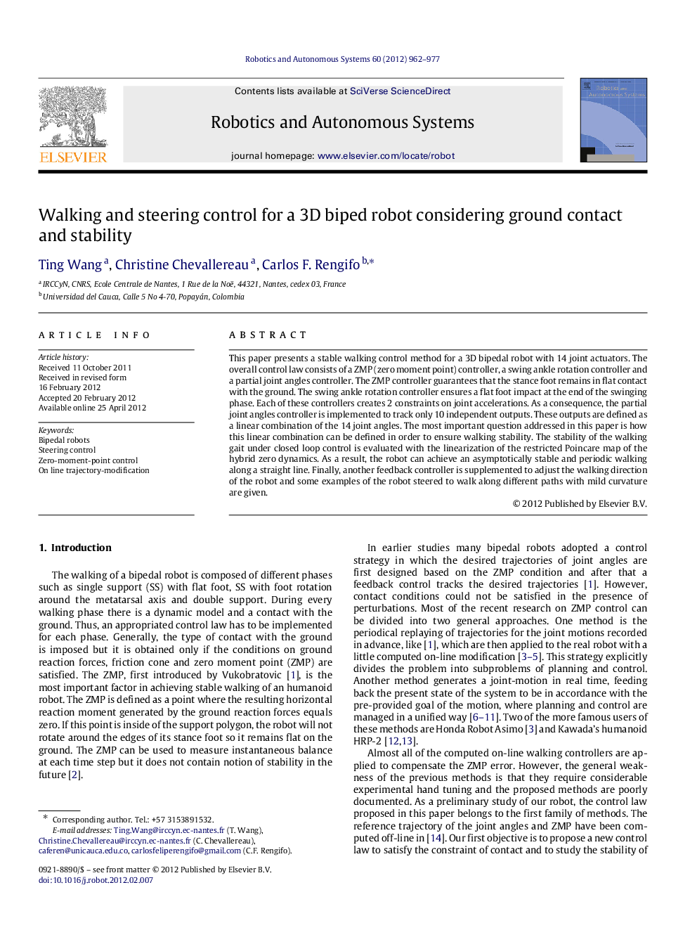 Walking and steering control for a 3D biped robot considering ground contact and stability