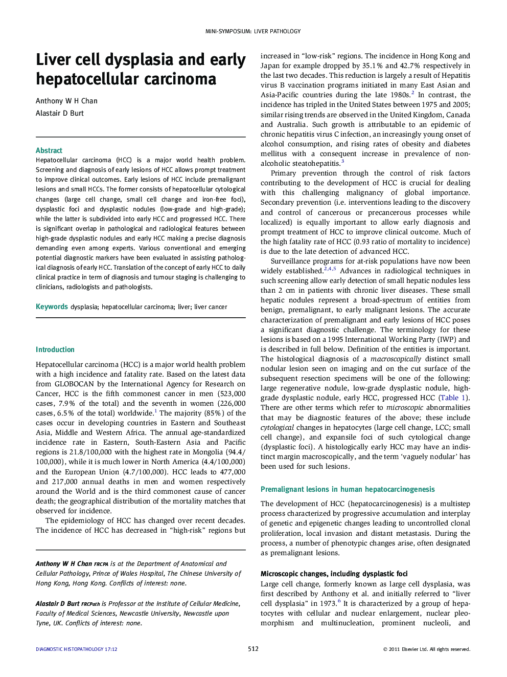 Liver cell dysplasia and early hepatocellular carcinoma