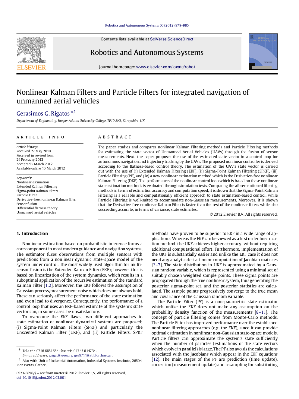 عکس صفحه اول مقاله: Nonlinear Kalman Filters and Particle Filters for integrated navigation of unmanned aerial vehicles Nonlinear Kalman Filters and Particle Filters for integrated navigation of unmanned aerial vehicles