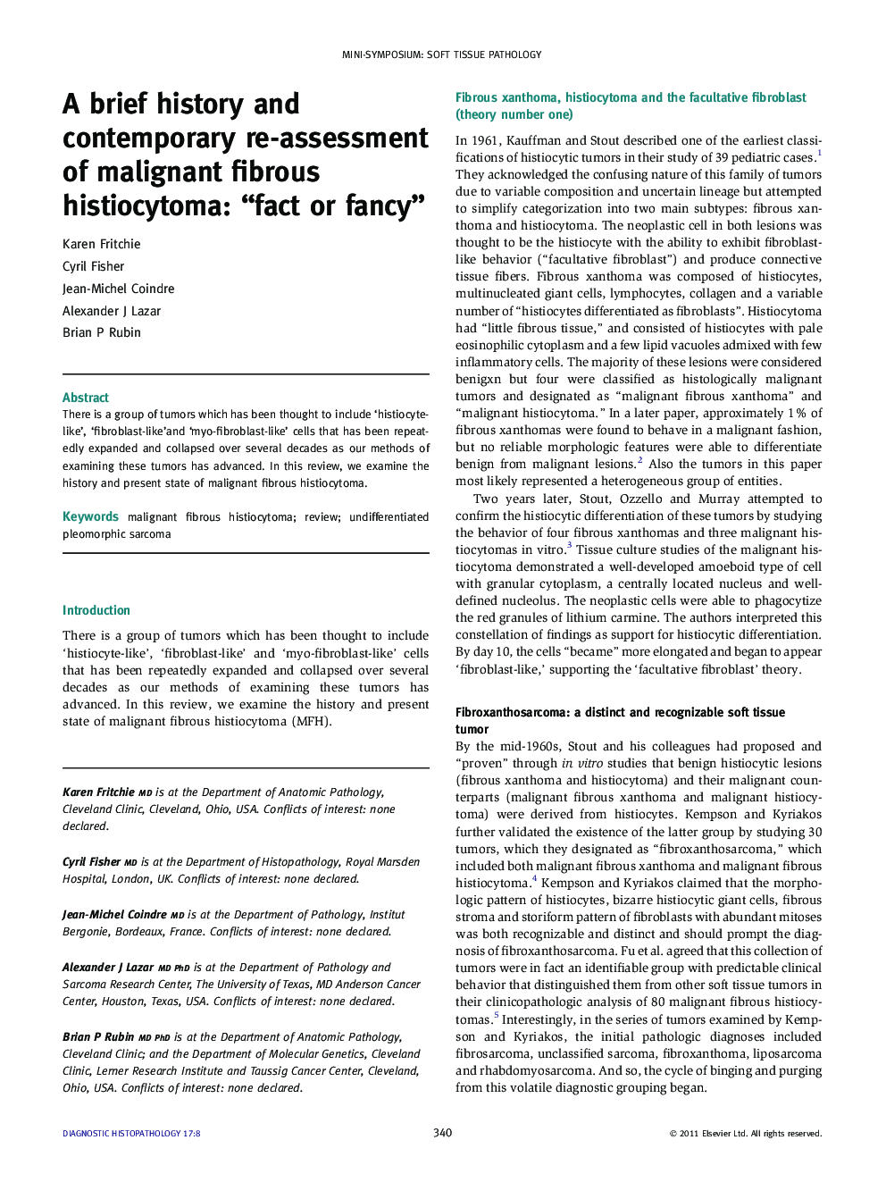 A brief history and contemporary re-assessment of malignant fibrous histiocytoma: “fact or fancy”