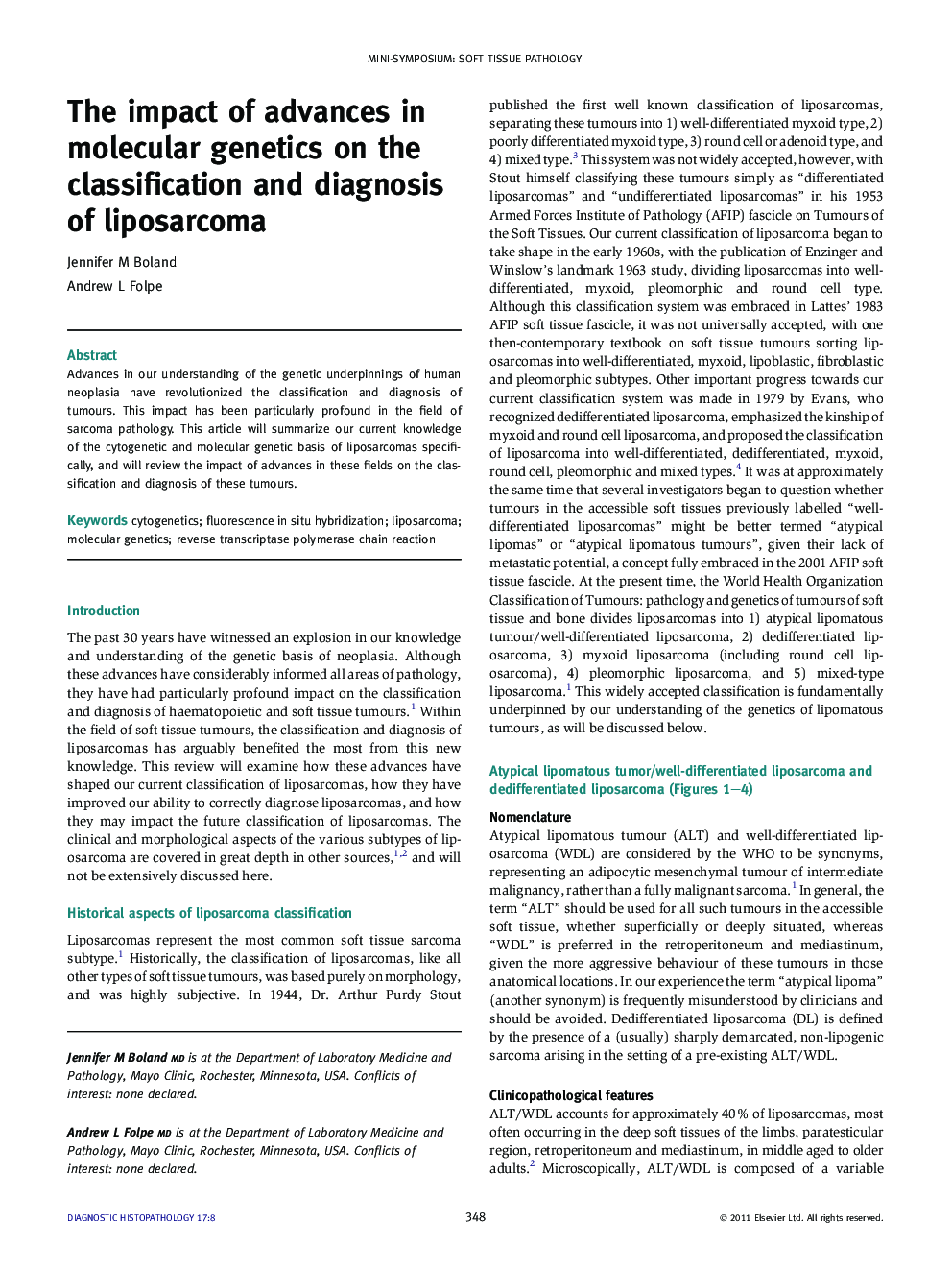 The impact of advances in molecular genetics on the classification and diagnosis of liposarcoma