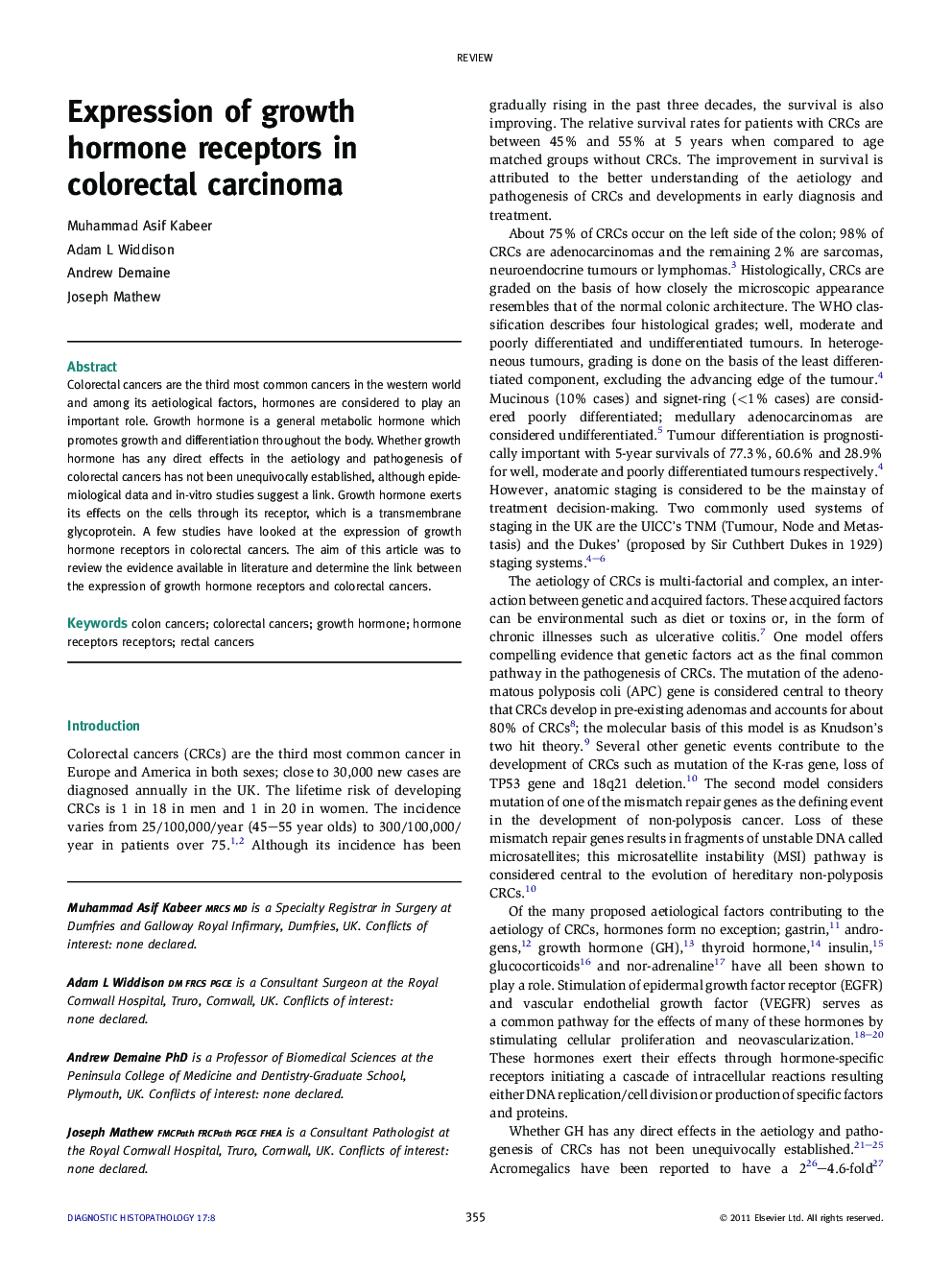 Expression of growth hormone receptors in colorectal carcinoma