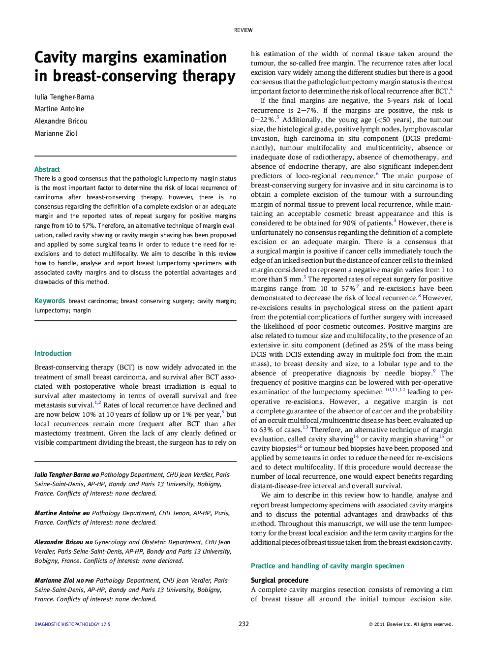 Cavity margins examination in breast-conserving therapy