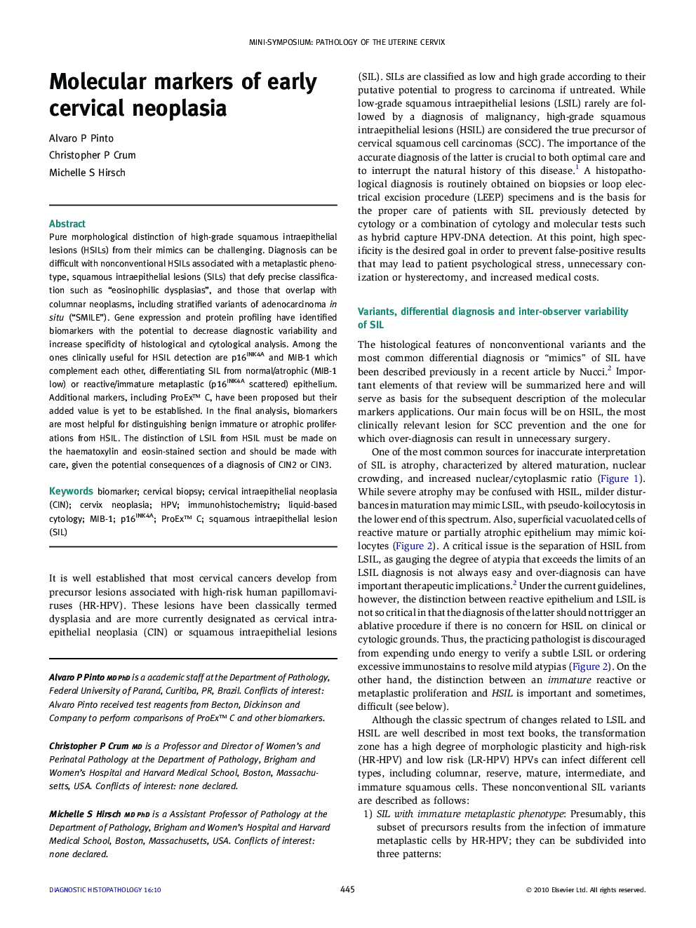 Molecular markers of early cervical neoplasia