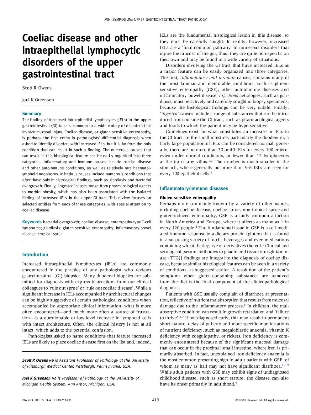 Coeliac disease and other intraepithelial lymphocytic disorders of the upper gastrointestinal tract