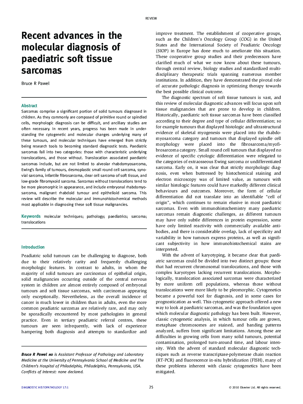 Recent advances in the molecular diagnosis of paediatric soft tissue sarcomas