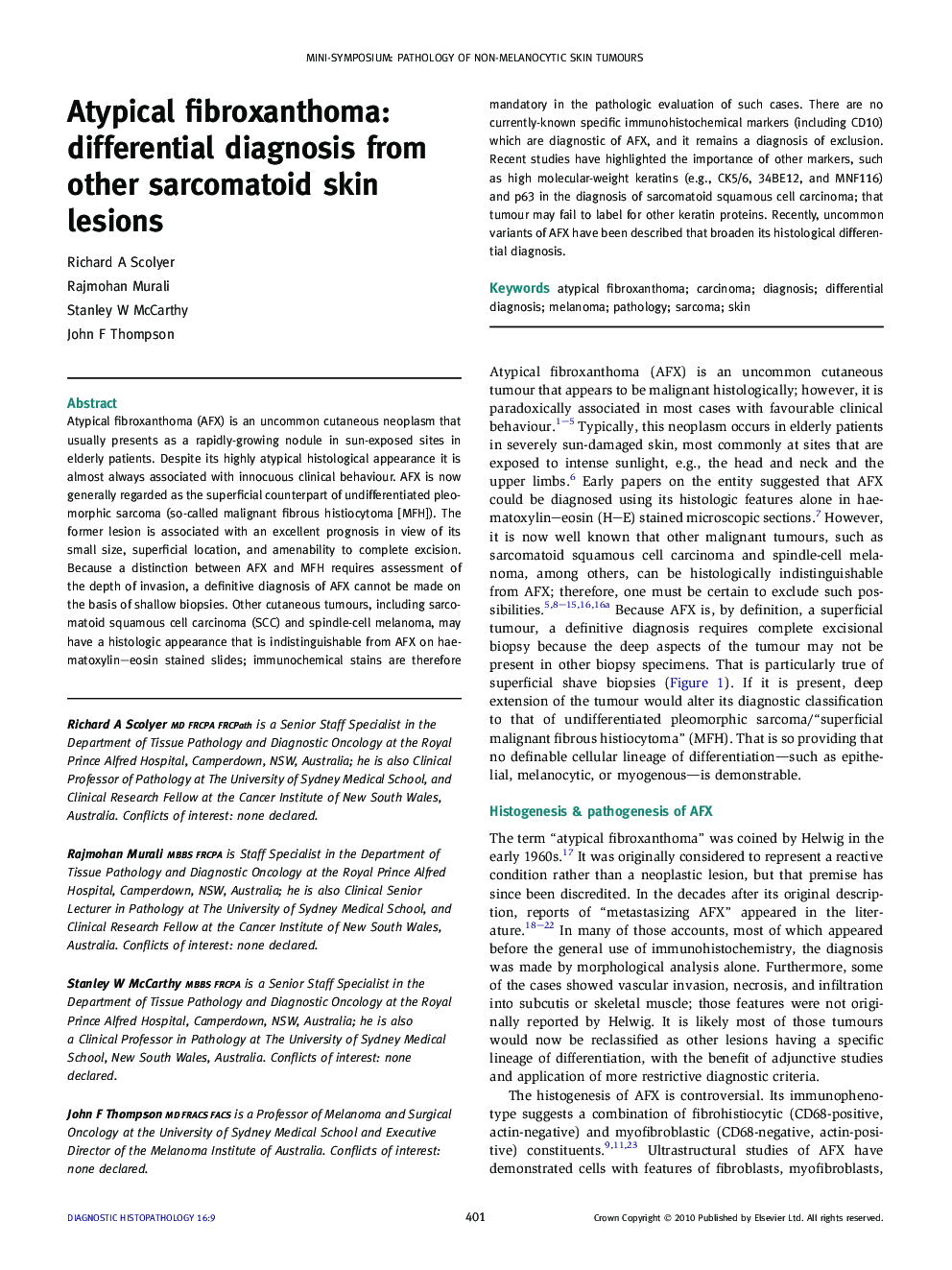 Atypical fibroxanthoma: differential diagnosis from other sarcomatoid skin lesions