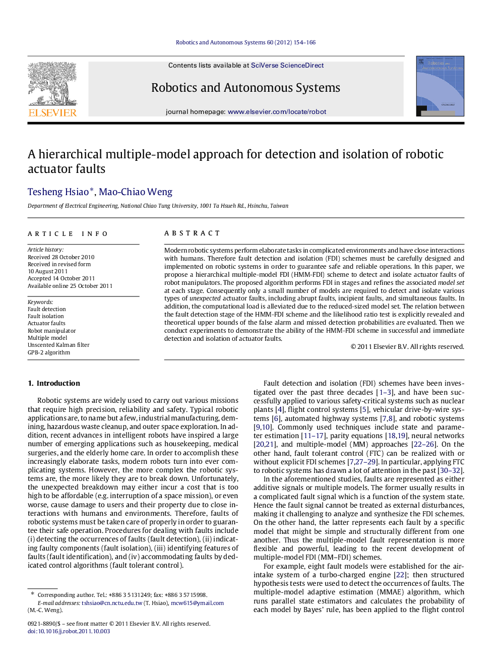 A hierarchical multiple-model approach for detection and isolation of robotic actuator faults