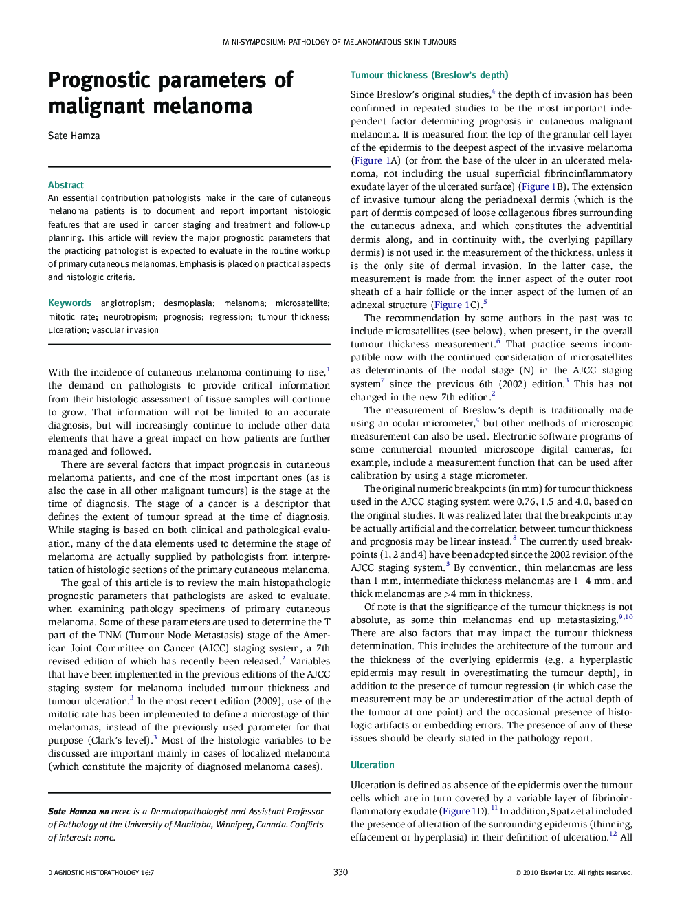 Prognostic parameters of malignant melanoma