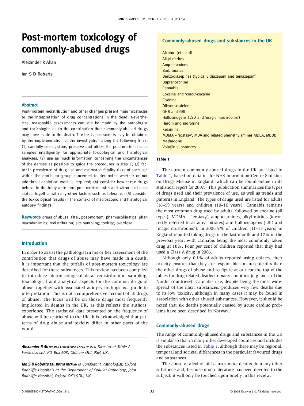 Post-mortem toxicology of commonly-abused drugs