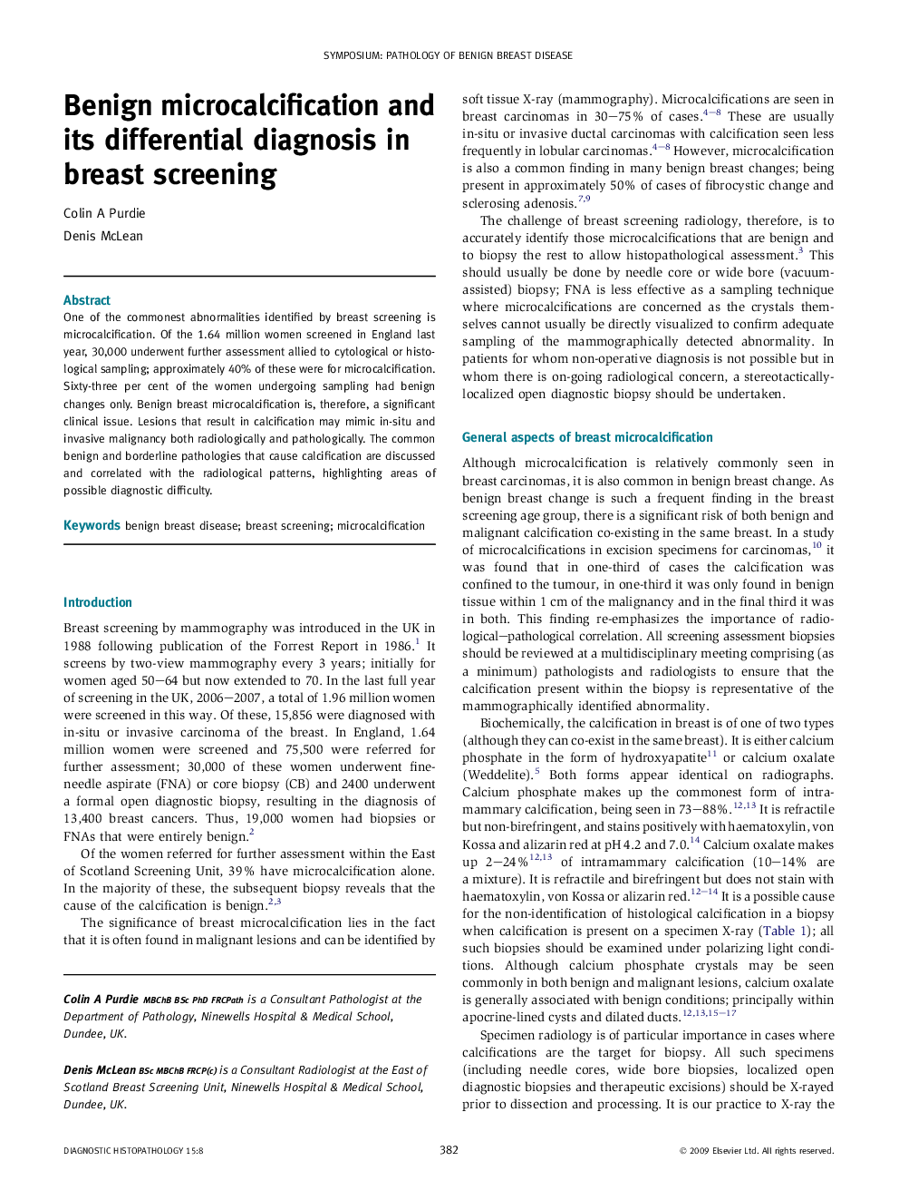 Benign microcalcification and its differential diagnosis in breast screening