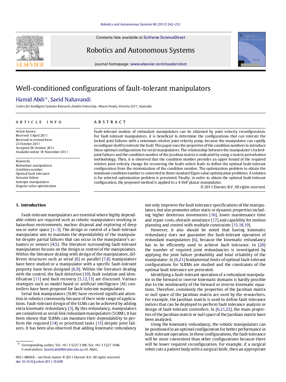 Well-conditioned configurations of fault-tolerant manipulators