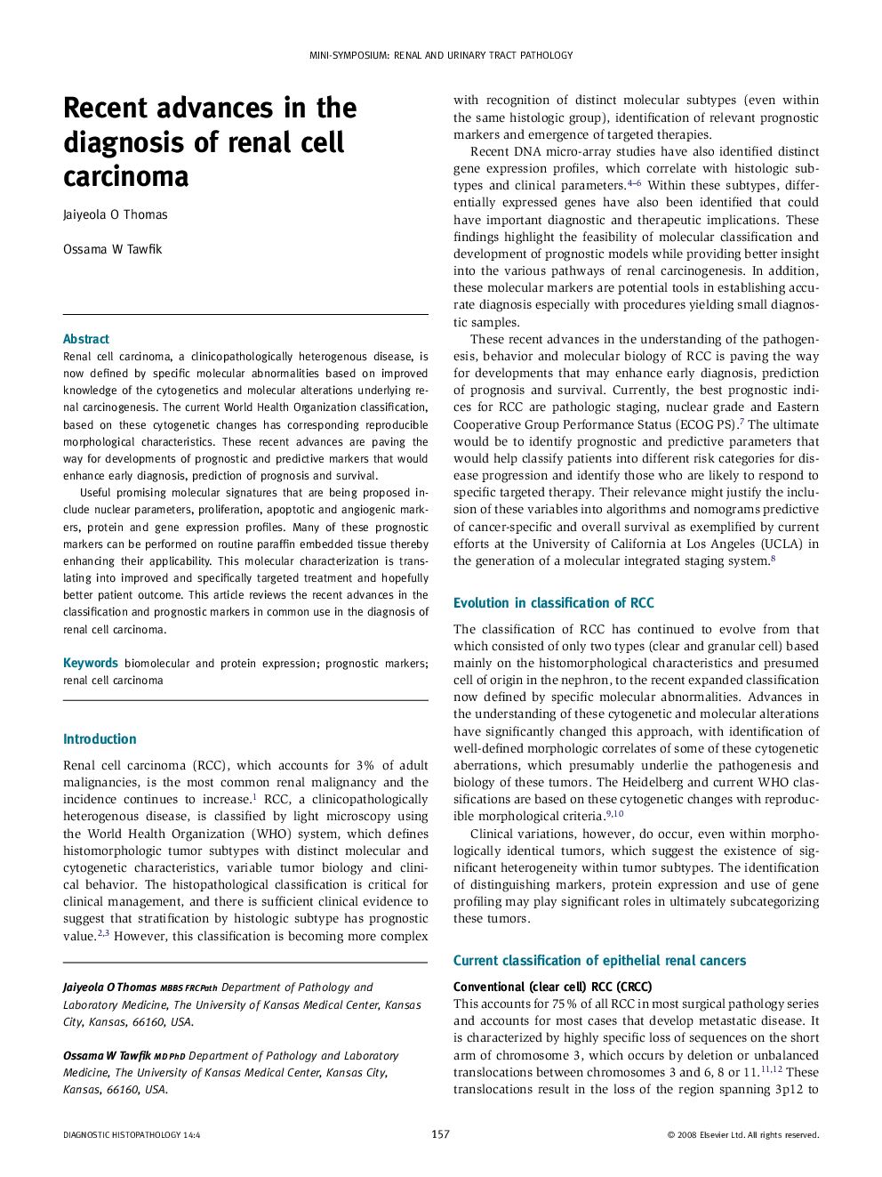 Recent advances in the diagnosis of renal cell carcinoma