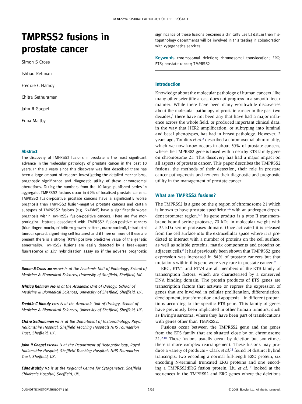 TMPRSS2 fusions in prostate cancer