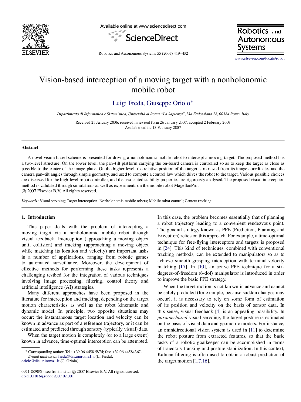 Vision-based interception of a moving target with a nonholonomic mobile robot