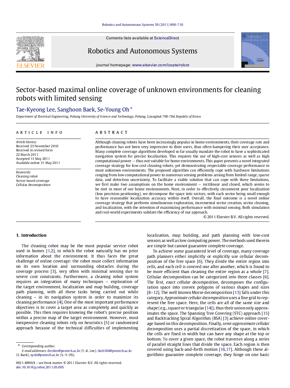 عکس صفحه اول مقاله: Sector-based maximal online coverage of unknown environments for cleaning robots with limited sensing Sector-based maximal online coverage of unknown environments for cleaning robots with limited sensing