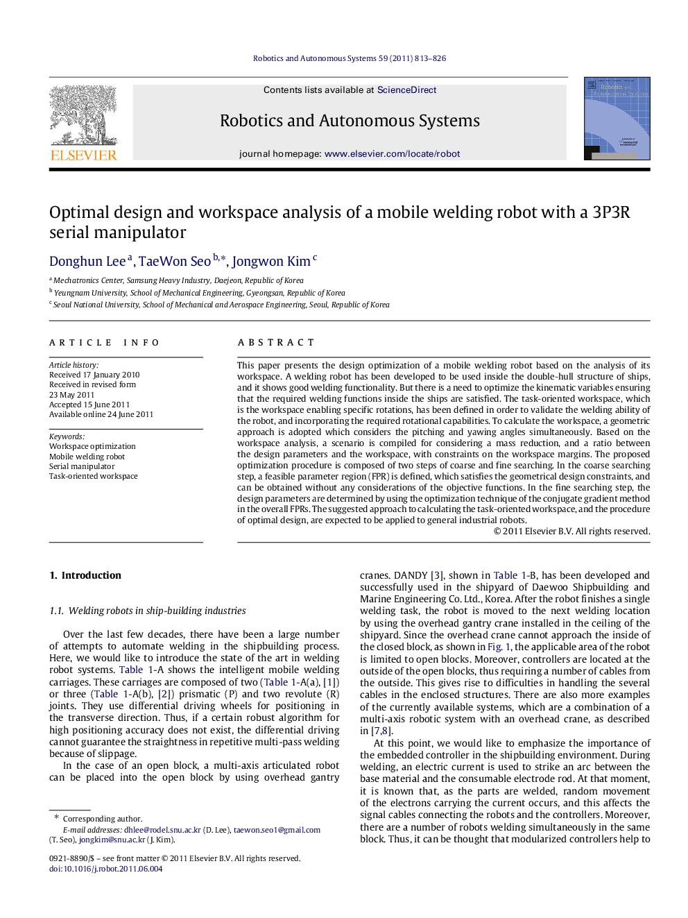 Optimal design and workspace analysis of a mobile welding robot with a 3P3R serial manipulator