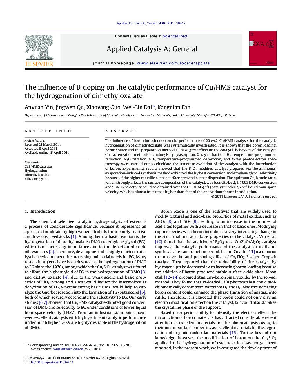 The influence of B-doping on the catalytic performance of Cu/HMS catalyst for the hydrogenation of dimethyloxalate