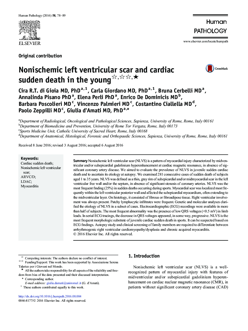 Nonischemic left ventricular scar and cardiac sudden death in the young ★