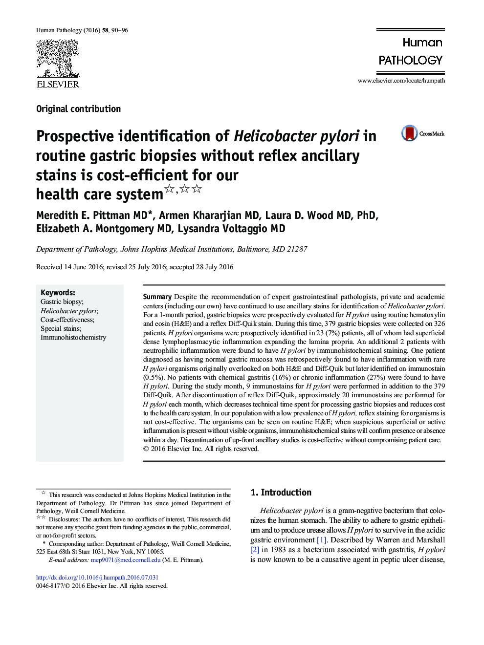 Prospective identification of Helicobacter pylori in routine gastric biopsies without reflex ancillary stains is cost-efficient for our health care system 