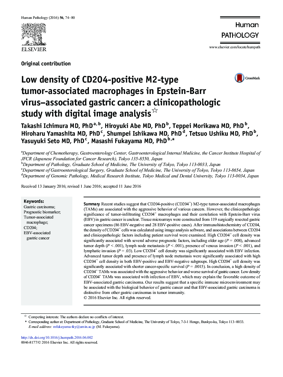 Low density of CD204-positive M2-type tumor-associated macrophages in Epstein-Barr virus–associated gastric cancer: a clinicopathologic study with digital image analysis 