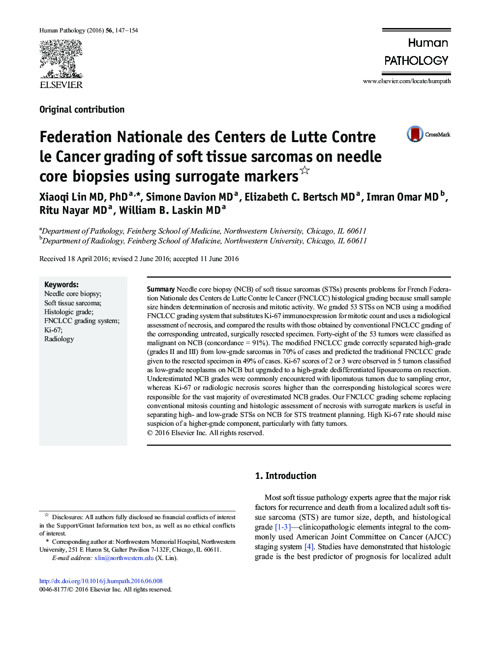 Federation Nationale des Centers de Lutte Contre le Cancer grading of soft tissue sarcomas on needle core biopsies using surrogate markers 