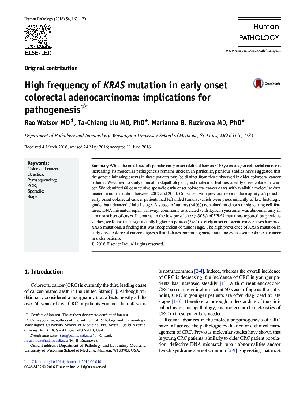 High frequency of KRAS mutation in early onset colorectal adenocarcinoma: implications for pathogenesis 