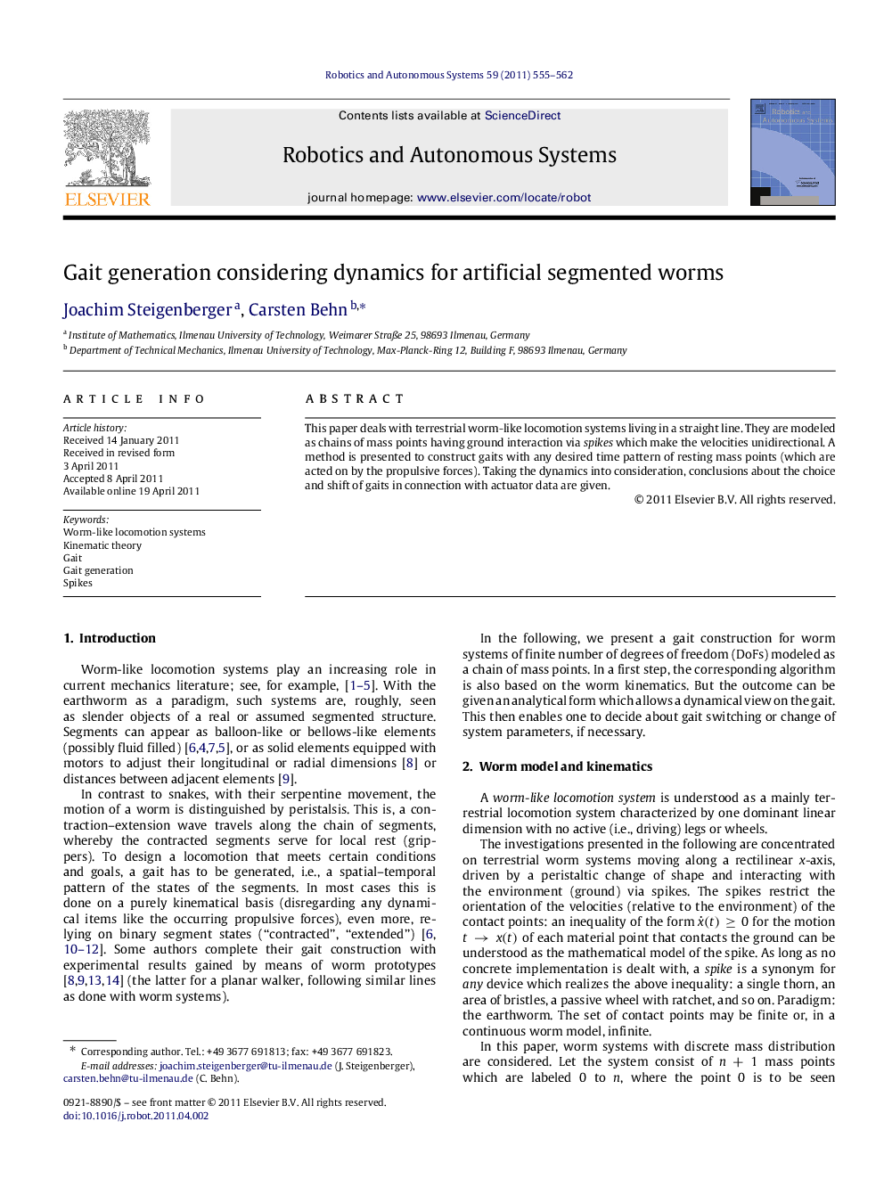 Gait generation considering dynamics for artificial segmented worms