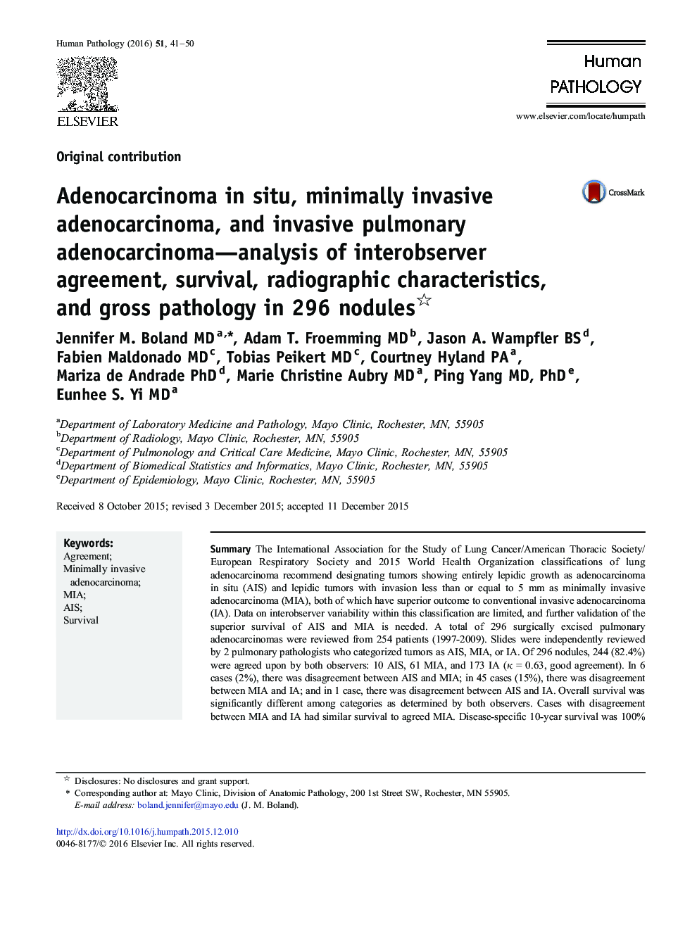 Adenocarcinoma in situ, minimally invasive adenocarcinoma, and invasive pulmonary adenocarcinoma—analysis of interobserver agreement, survival, radiographic characteristics, and gross pathology in 296 nodules 