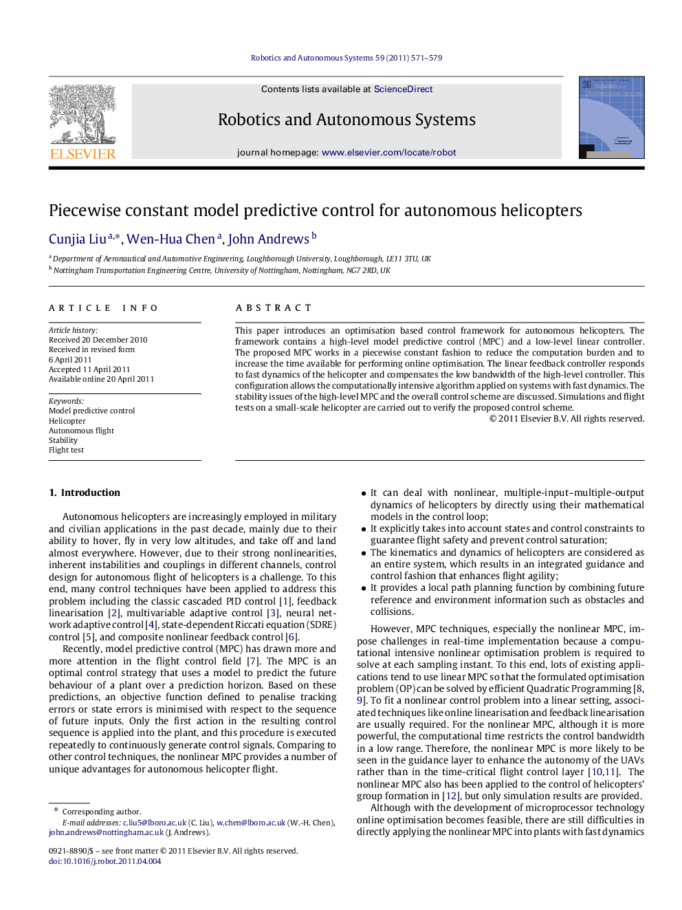 عکس صفحه اول مقاله: Piecewise constant model predictive control for autonomous helicopters Piecewise constant model predictive control for autonomous helicopters
