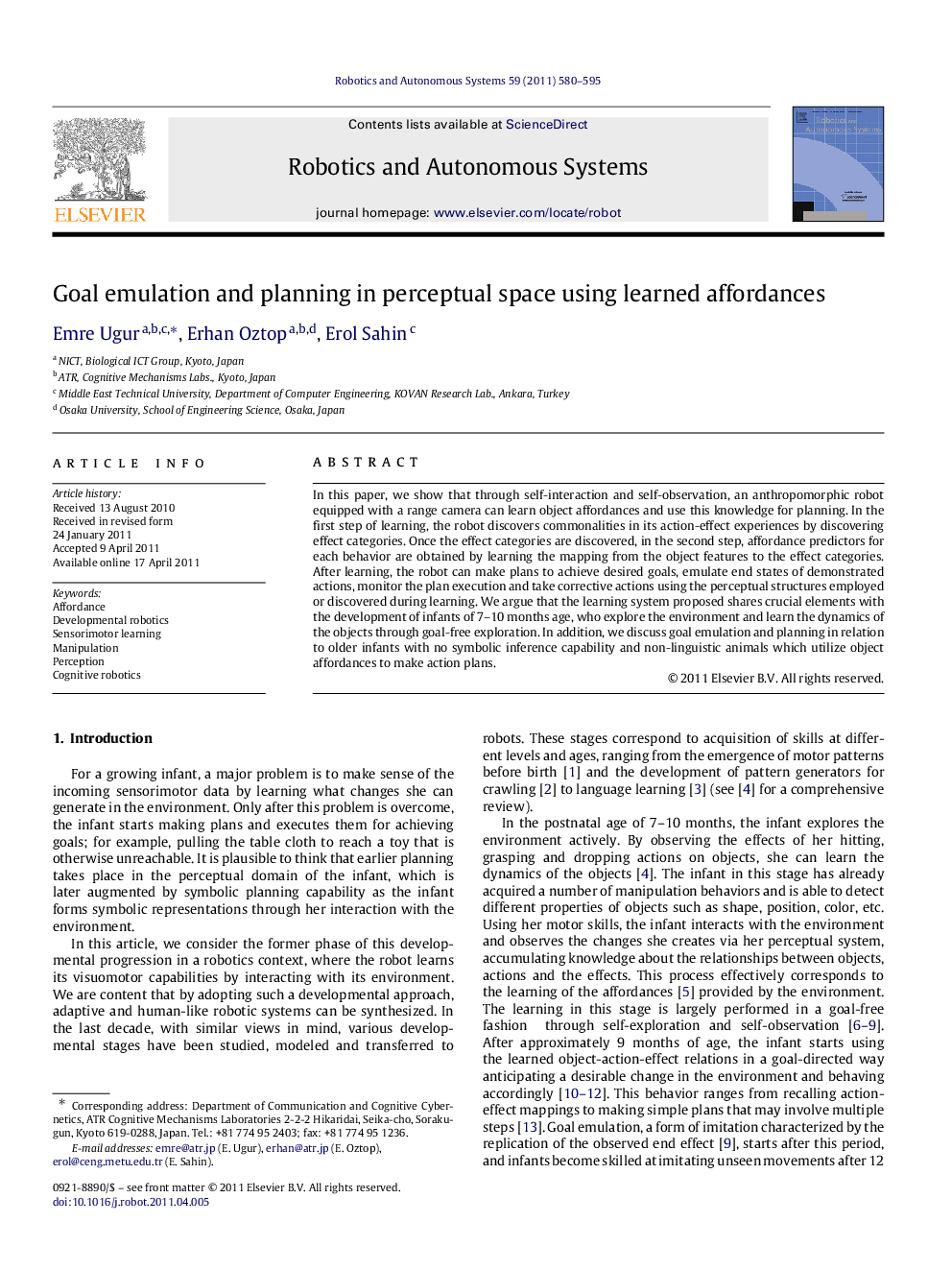 Goal emulation and planning in perceptual space using learned affordances