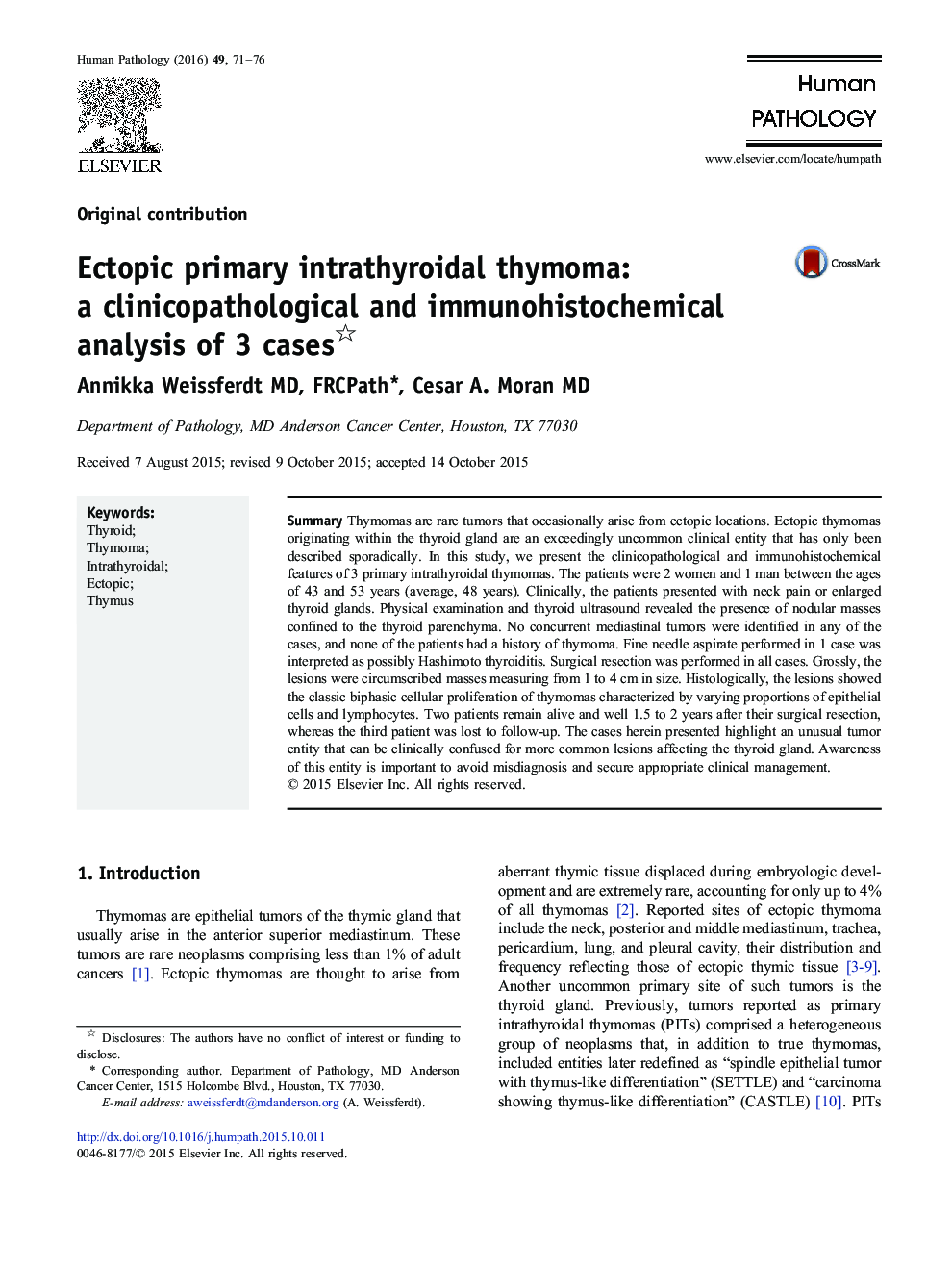 Ectopic primary intrathyroidal thymoma: a clinicopathological and immunohistochemical analysis of 3 cases 