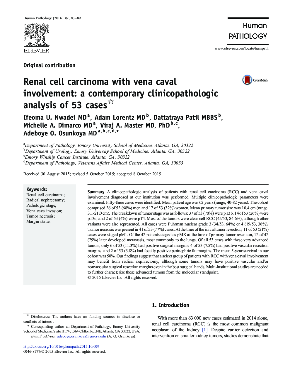 Renal cell carcinoma with vena caval involvement: a contemporary clinicopathologic analysis of 53 cases 