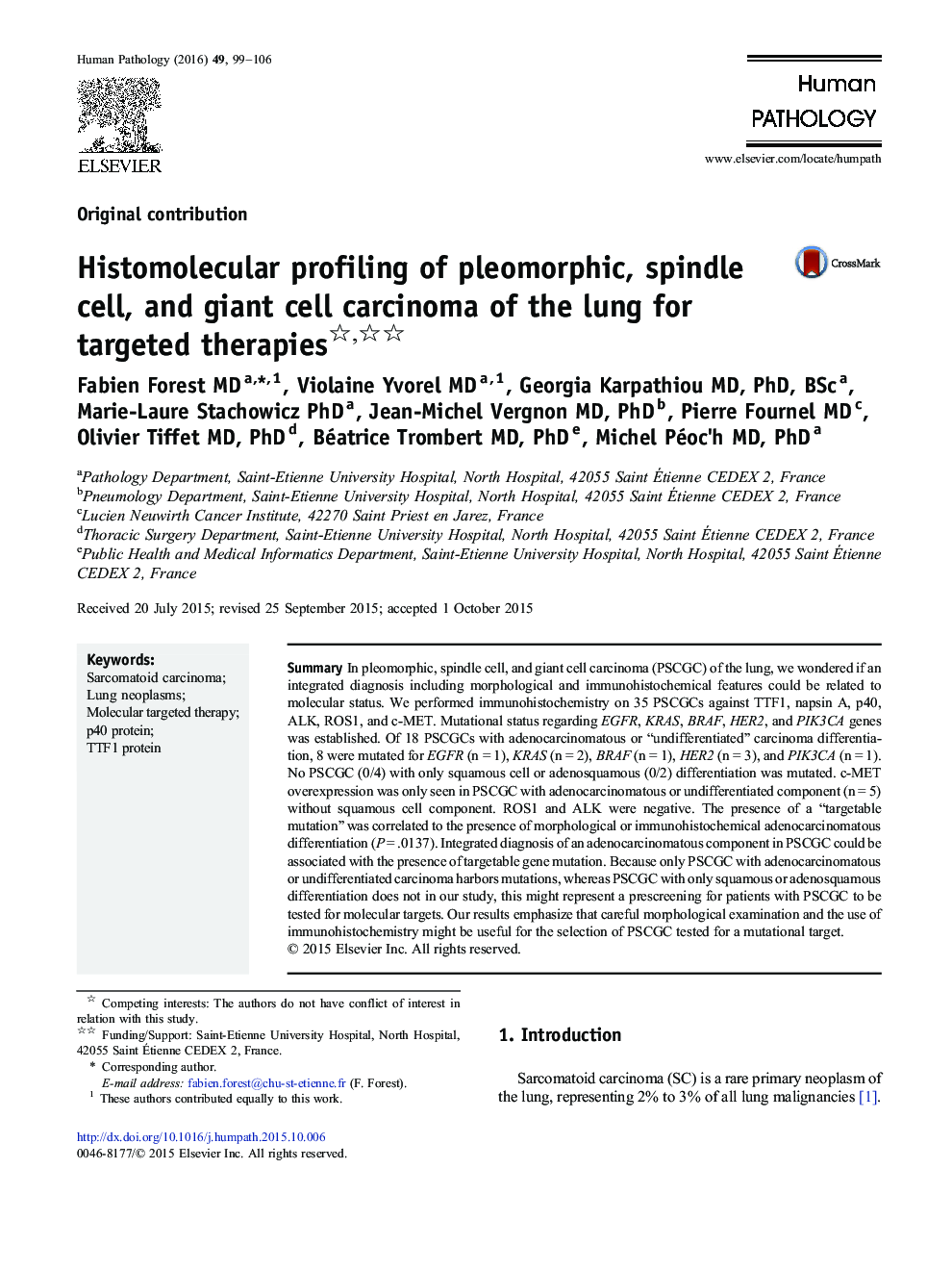 Histomolecular profiling of pleomorphic, spindle cell, and giant cell carcinoma of the lung for targeted therapies 