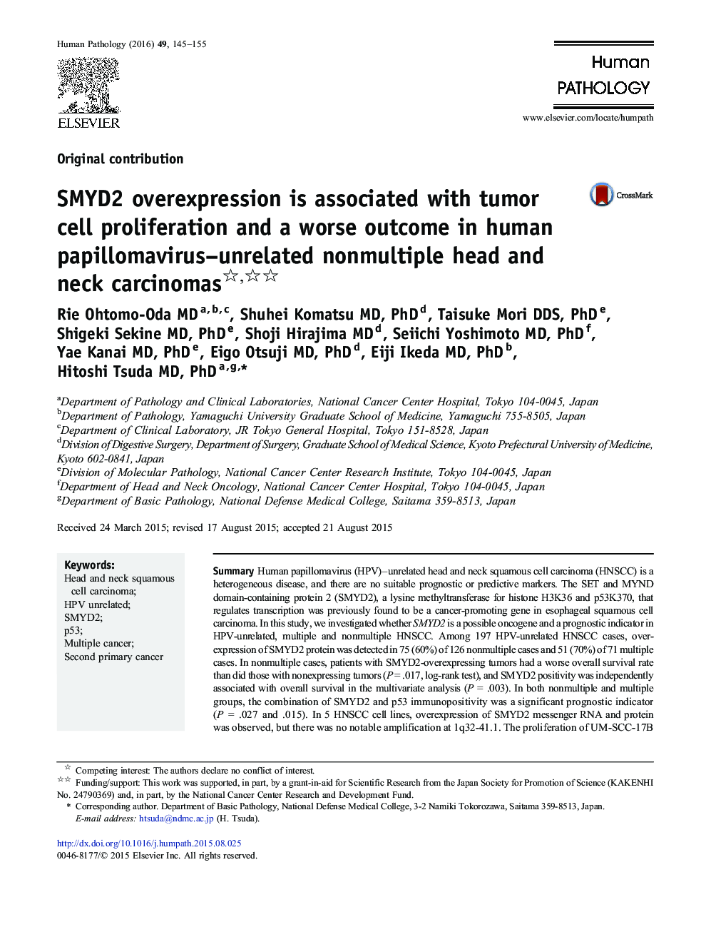 SMYD2 overexpression is associated with tumor cell proliferation and a worse outcome in human papillomavirus–unrelated nonmultiple head and neck carcinomas 