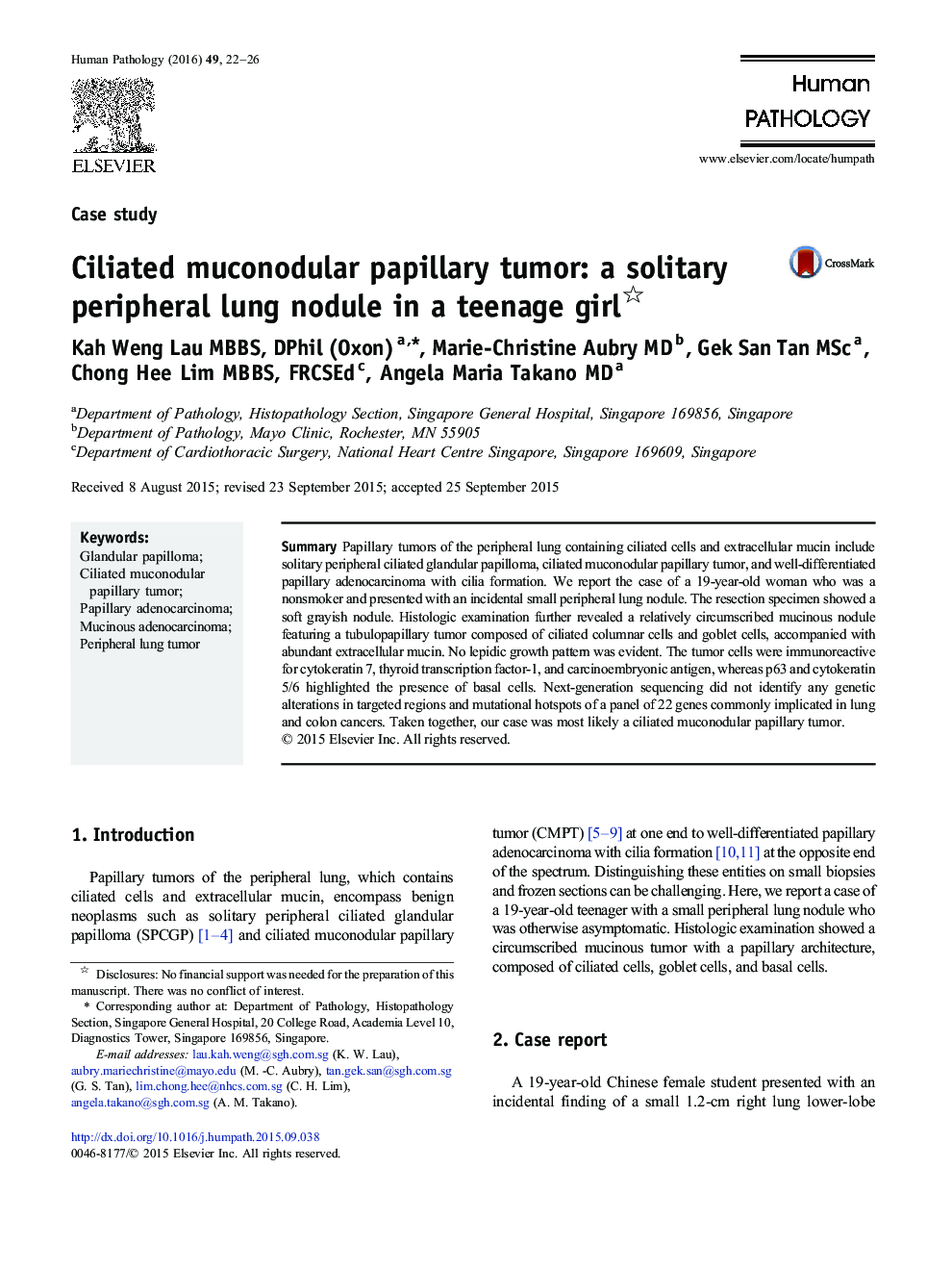 Ciliated muconodular papillary tumor: a solitary peripheral lung nodule in a teenage girl 