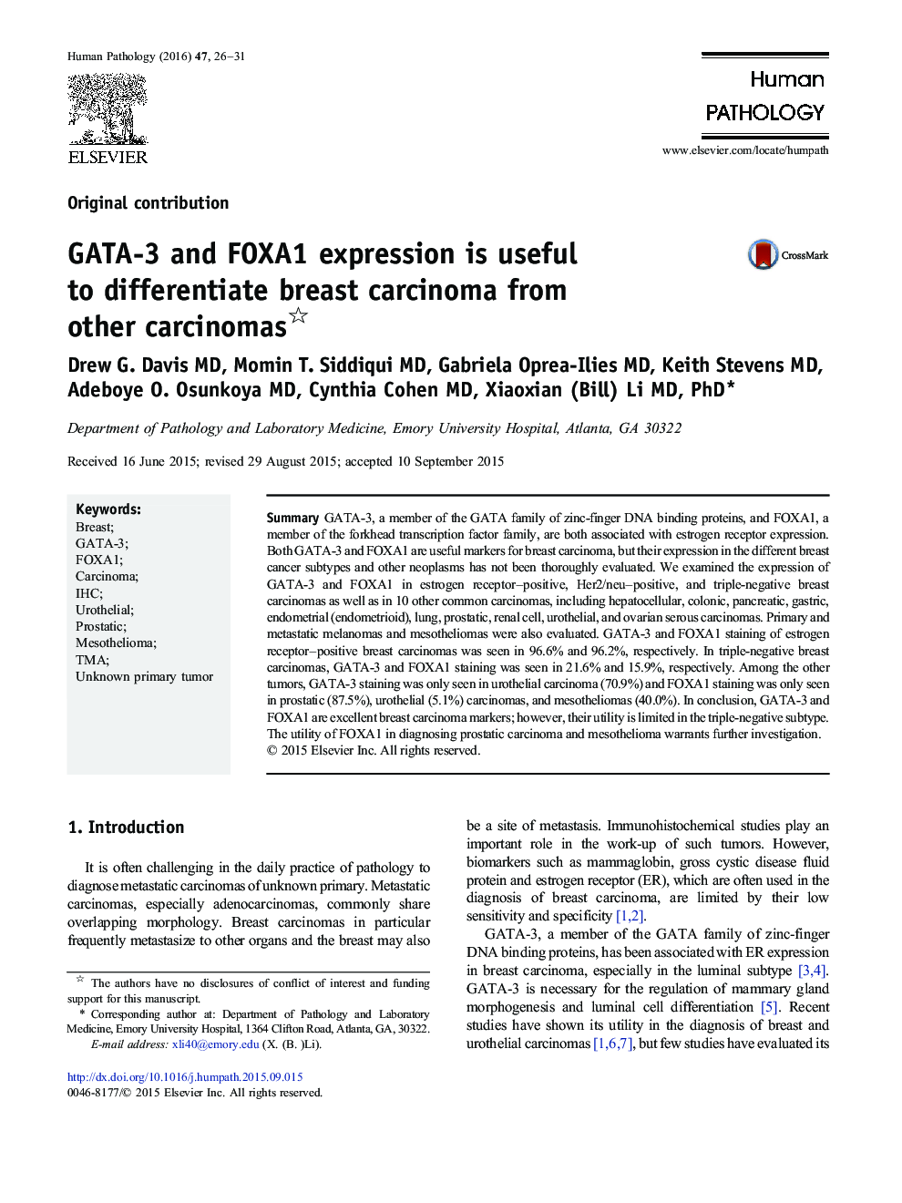 GATA-3 and FOXA1 expression is useful to differentiate breast carcinoma from other carcinomas 