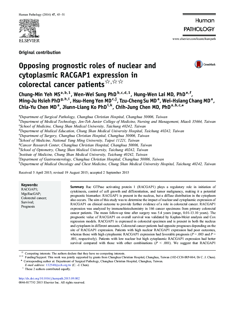 Opposing prognostic roles of nuclear and cytoplasmic RACGAP1 expression in colorectal cancer patients 